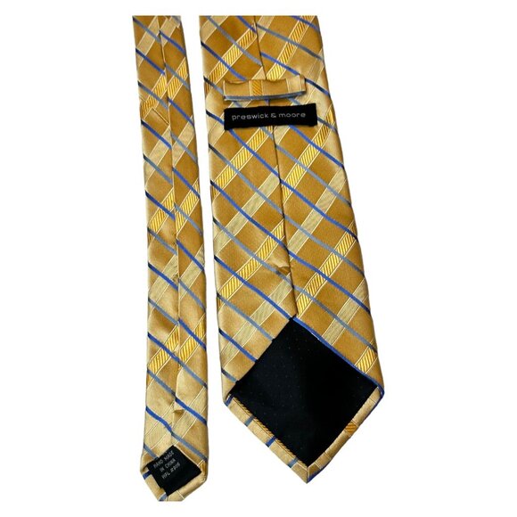 Vintage Wide Silk Tie Preswick and Moore Gold Blue Plaid Classic Retro Necktie - Picture 5 of 9